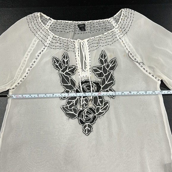Aziz Sheer White Long Sleeve Blouse with Contrast Stitching and Bead Design - L - Picture 10 of 10